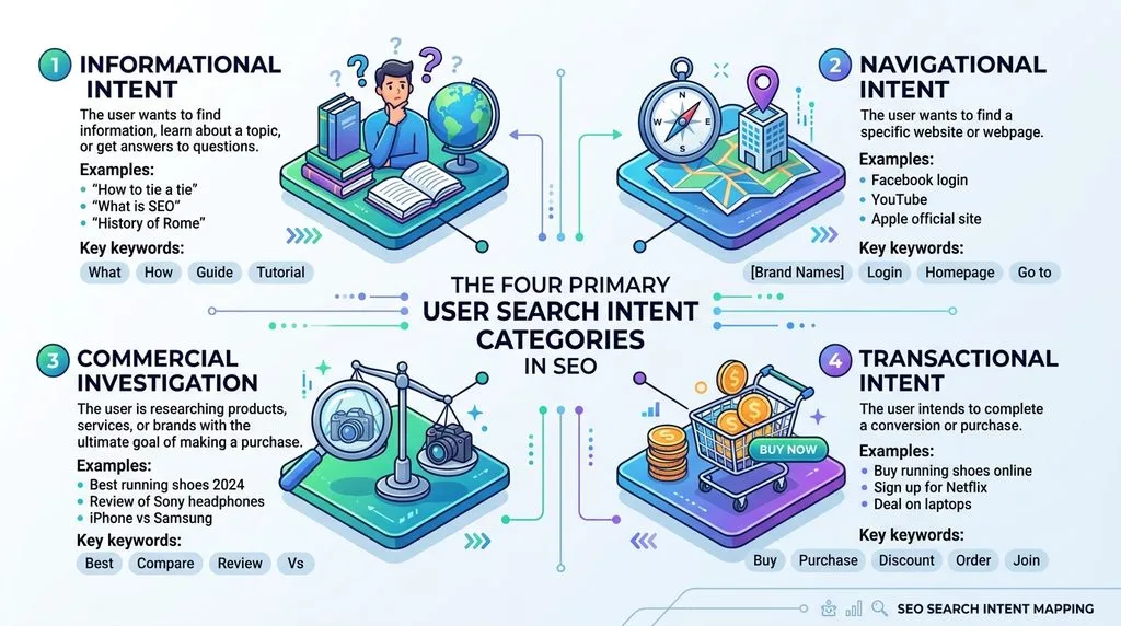 Visual representation mapping out the four primary user search intent categories in SEO.