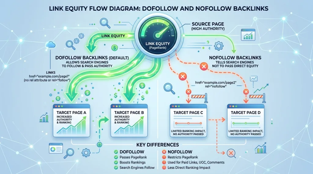 Diagram showing the flow of link equity through dofollow and nofollow backlinks.