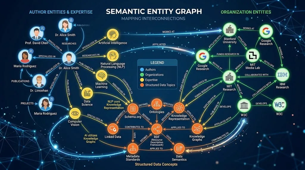 Semantic entity graph showing connections between author expertise, organization entities, and structured data topics.