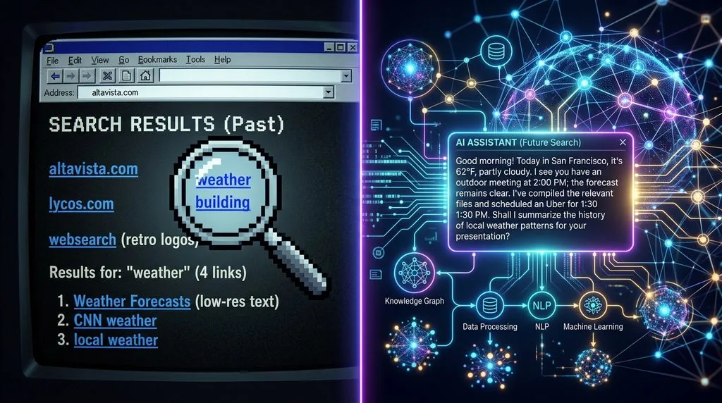 An illustration comparing traditional search engines to modern AI-powered answer engines.