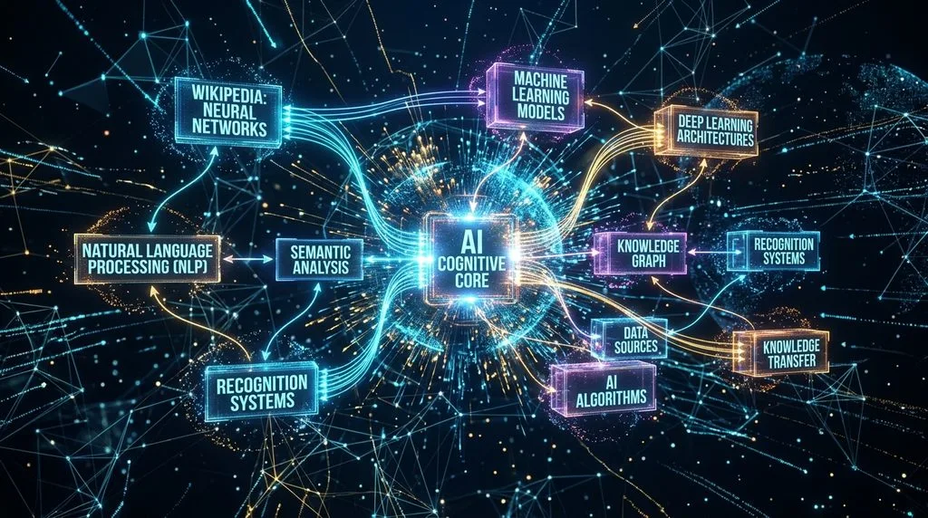 Abstract representation of an artificial intelligence engine processing semantic entity relationships.