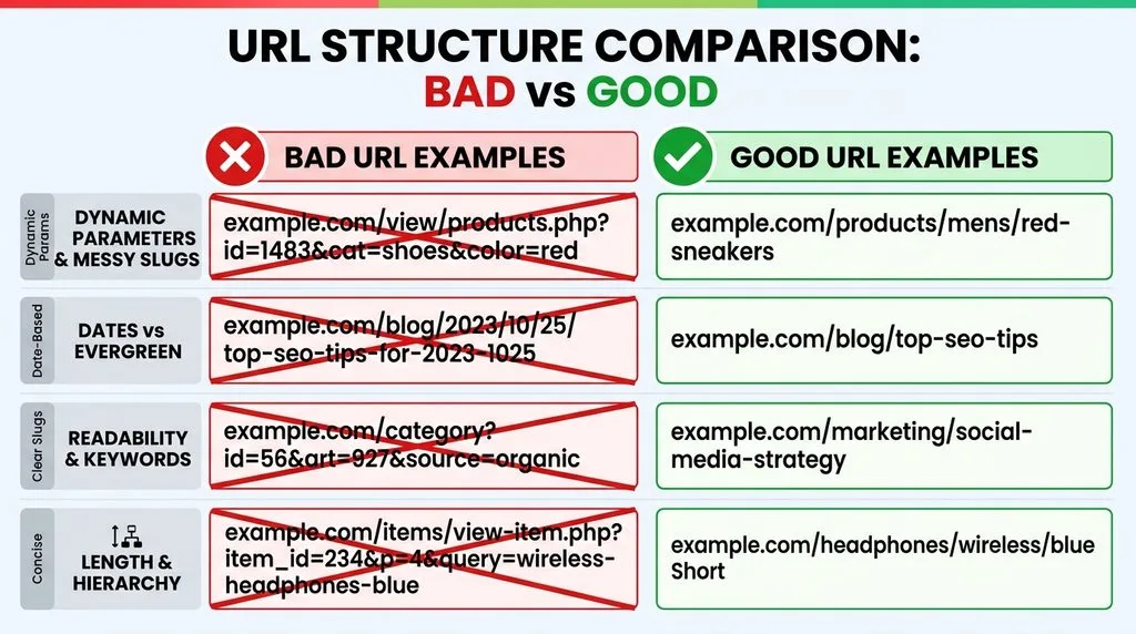 Side-by-side comparison of good and bad SEO-friendly URL examples
