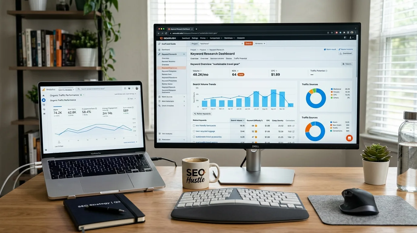 Digital marketing desktop displaying SEO keyword research dashboards and metrics.