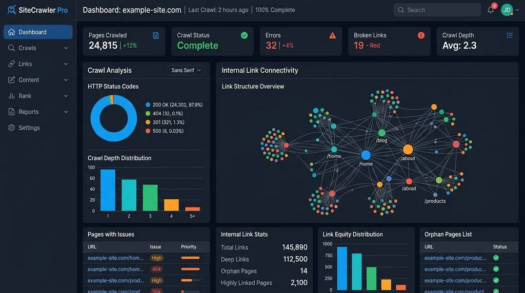 SEO software dashboard displaying website crawl data and internal link connectivity charts.