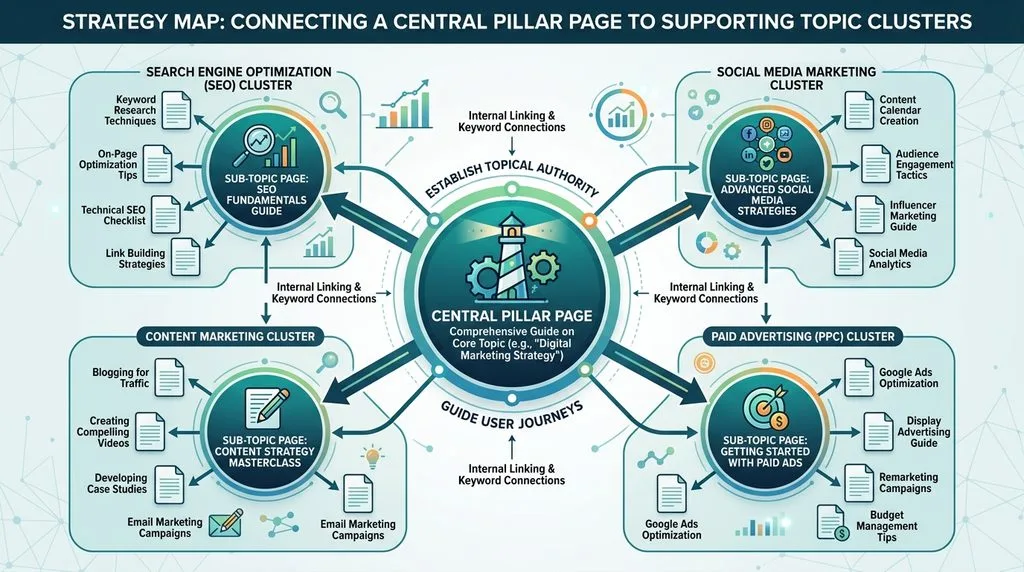 Strategy map demonstrating how to connect a central pillar page to smaller supporting topic clusters.