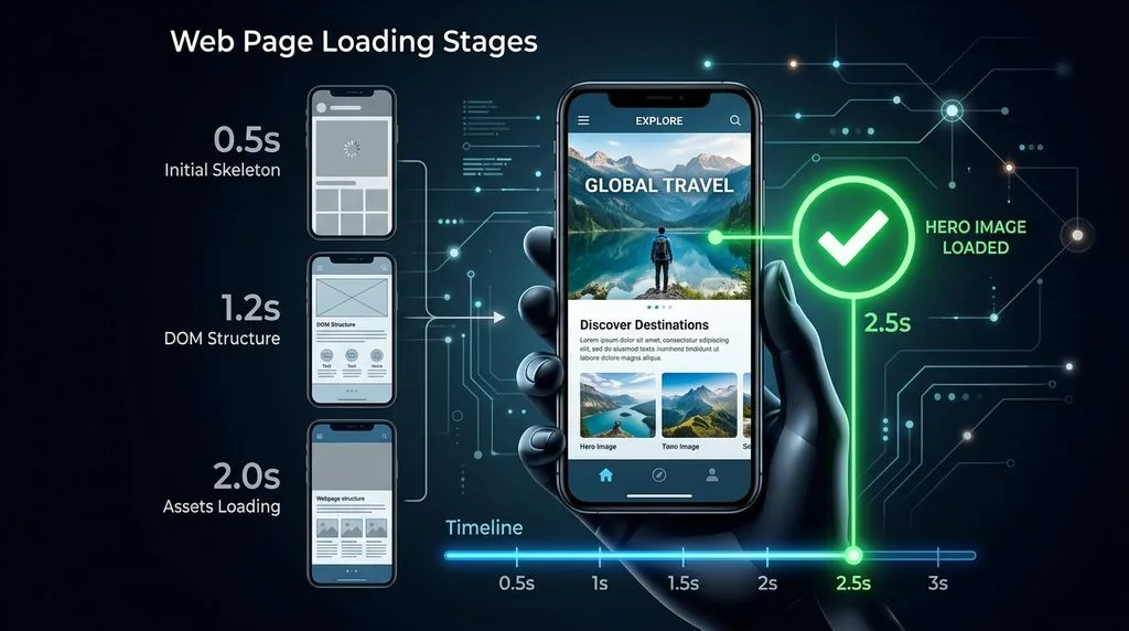 Diagram showing the Largest Contentful Paint timeline on a mobile device hitting the 2.5 second threshold.