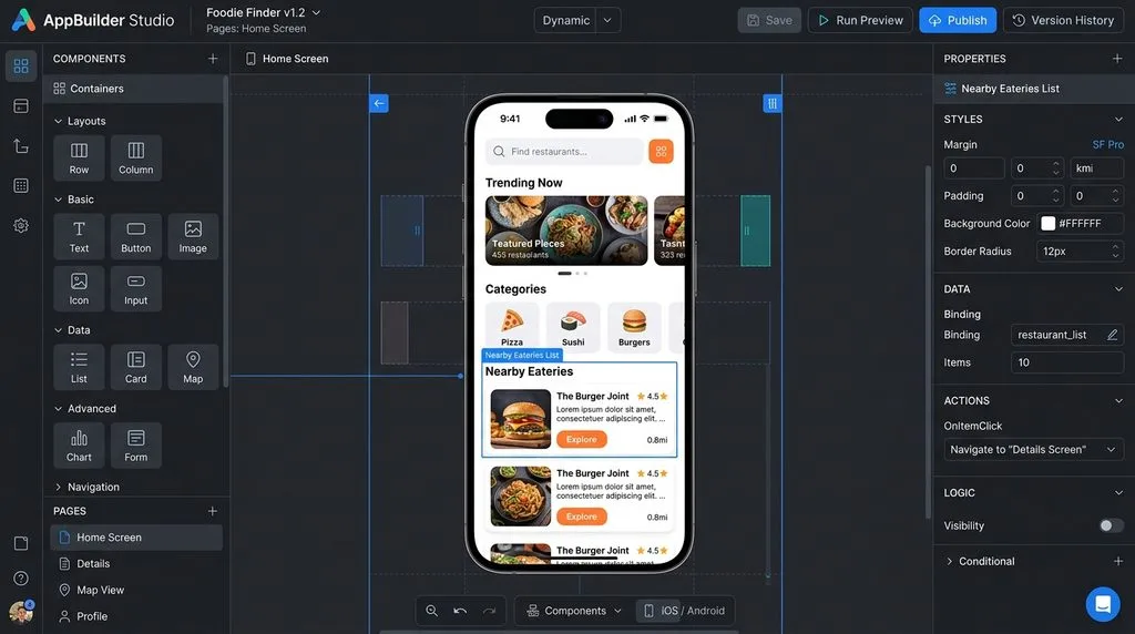 Visual builder interface of a low-code mobile app development platform.