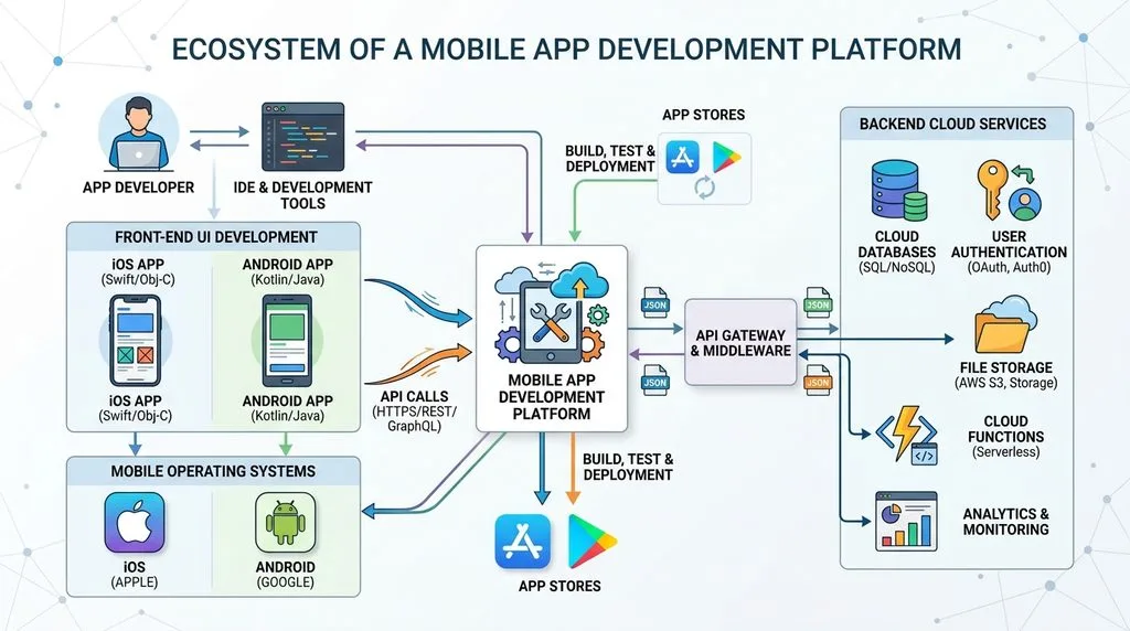Diagram showing how a mobile app development platform connects front-end code with backend services.