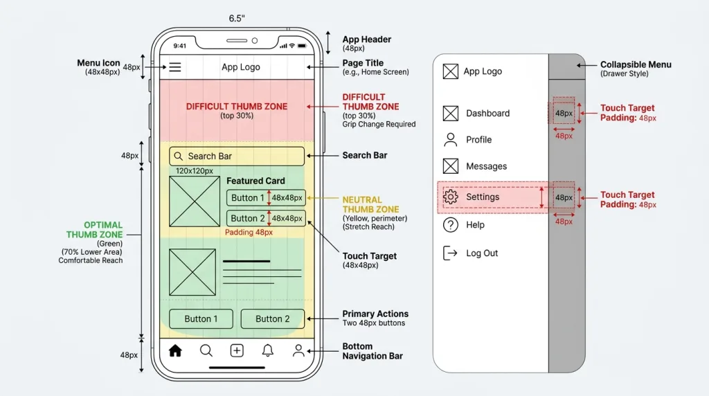 Mobile UI design diagram showing touch-friendly buttons and thumb reach zones.