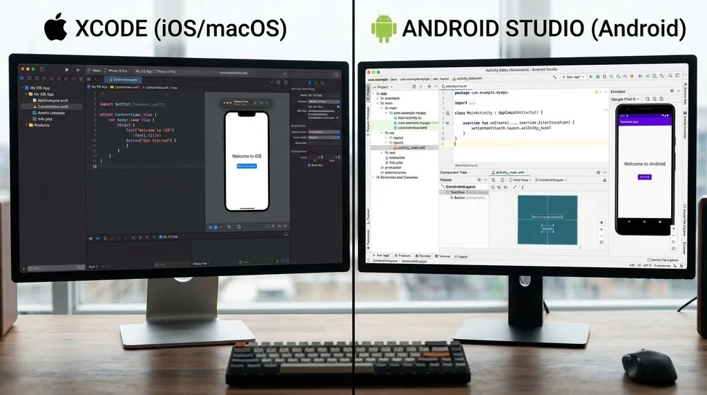 Side-by-side visualization of native mobile app development platforms Xcode and Android Studio.