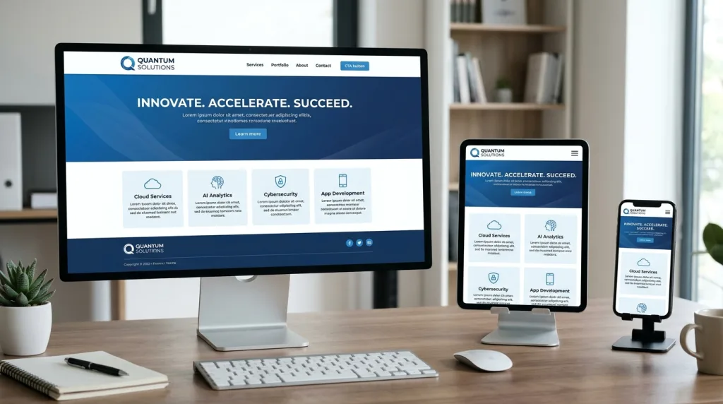 Responsive web design layout automatically scaling across desktop, tablet, and mobile devices.