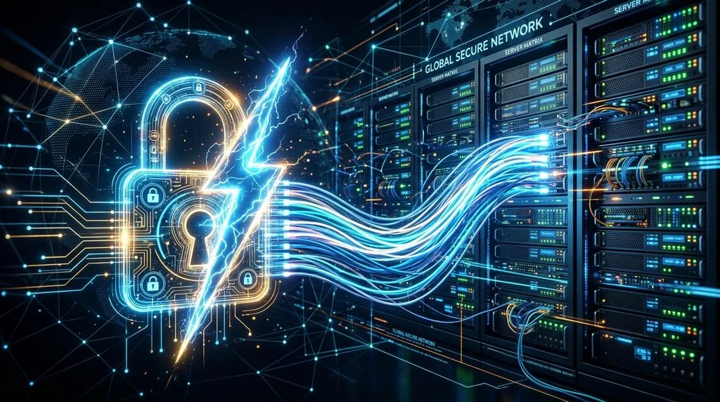 Conceptual image of a padlock and lightning bolt representing secure TLS handshakes and fast website speed.
