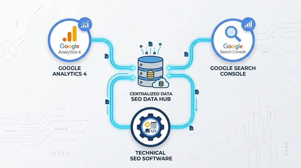 Icons representing Google Analytics 4, Search Console, and SEO software connected together.