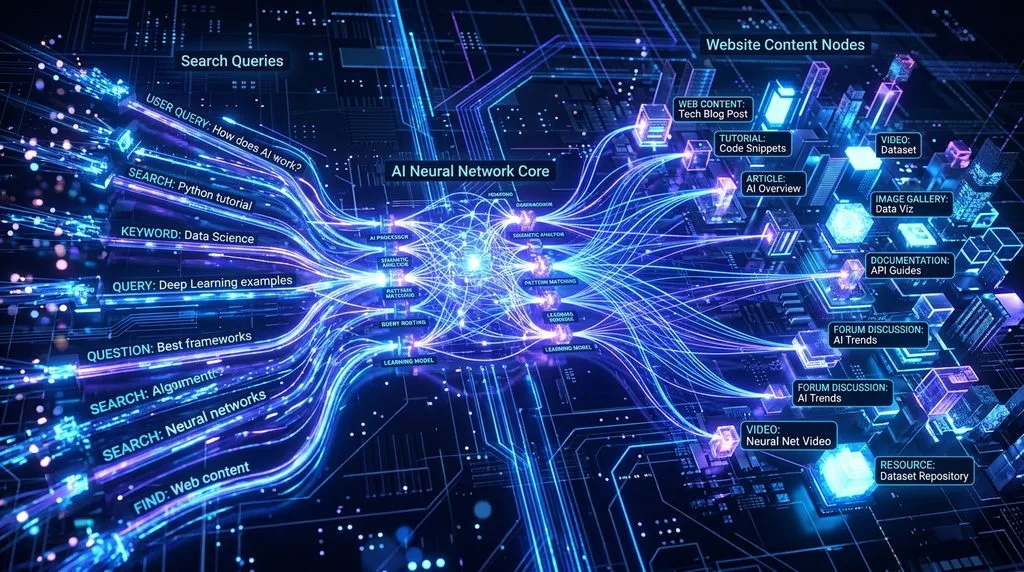 Abstract AI network illustrating Generative Engine Optimization and search algorithm evolution.