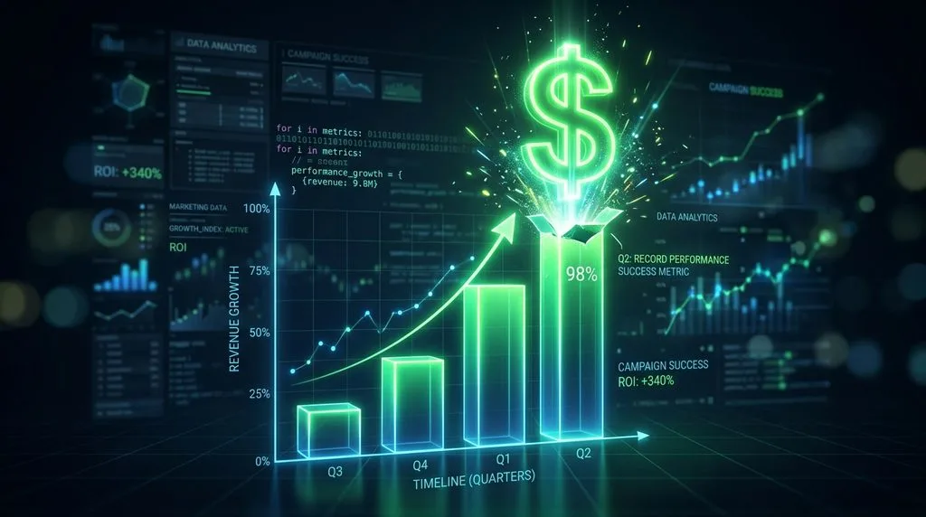 A 3D dollar sign rising out of a data chart representing SEO return on investment.