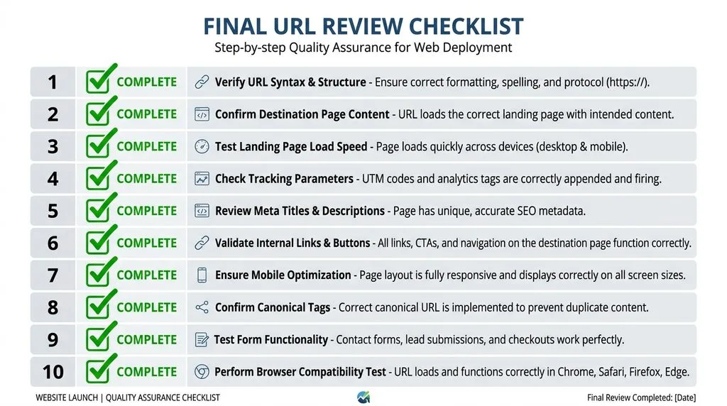 Printable checklist of SEO-friendly URL requirements before publishing