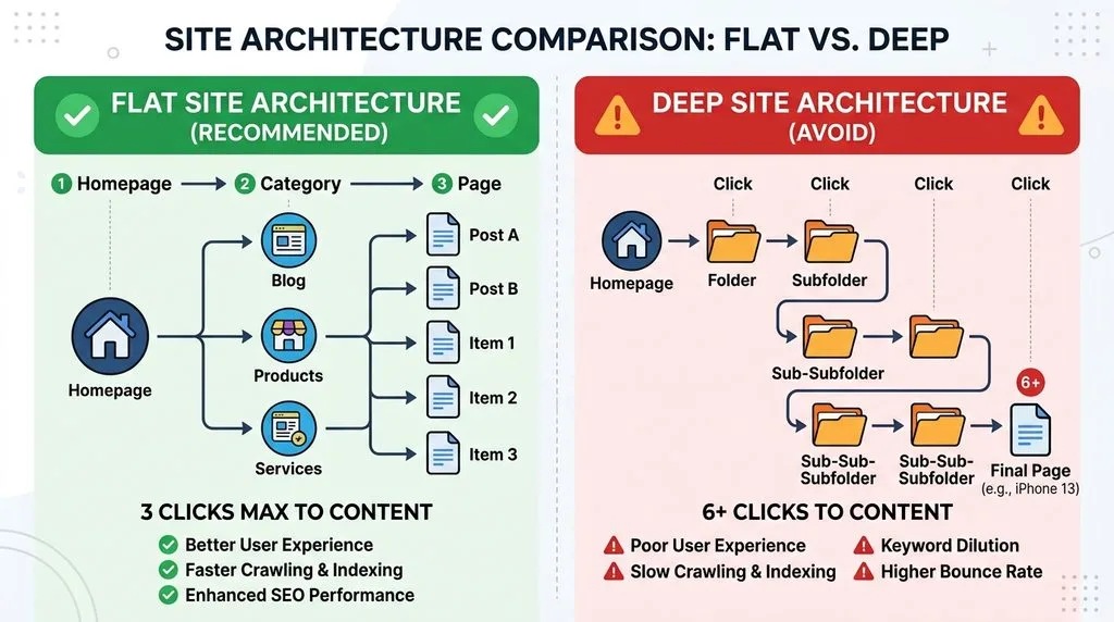 Illustration showing flat vs. deep site architecture and click depth
