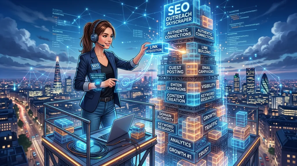 Digital marketer building a skyscraper out of data blocks to represent SEO outreach.