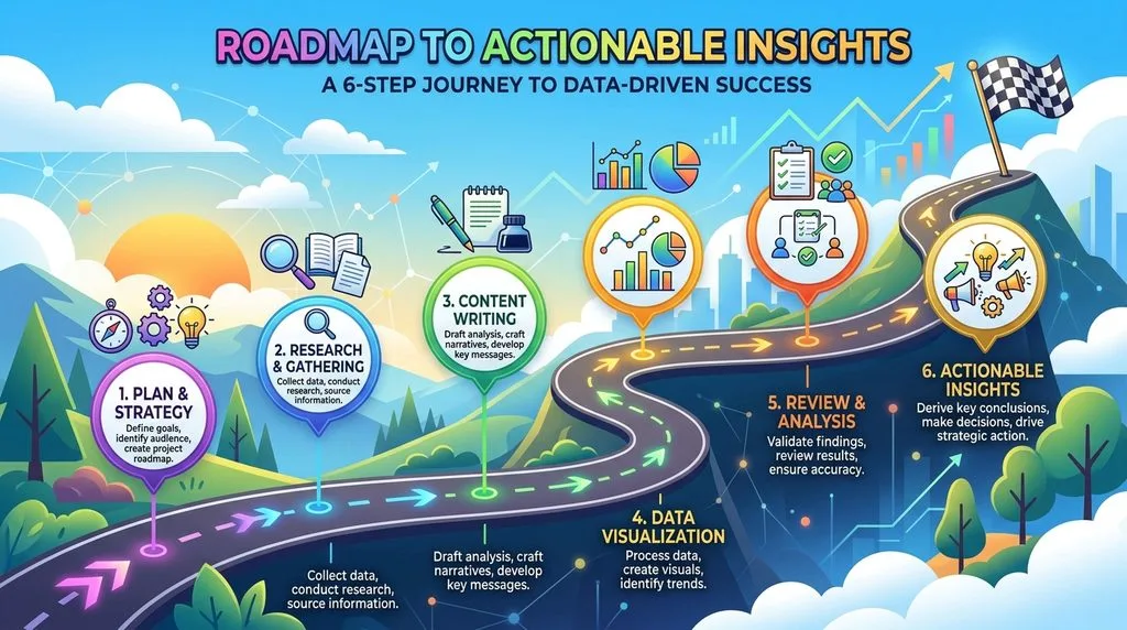 A six-step roadmap infographic for building an effective SEO report.