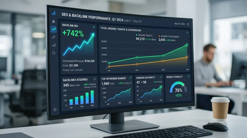 Digital dashboard showing upward trending backlink ROI and SEO metrics.