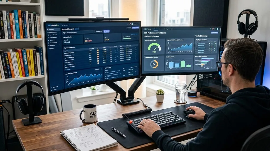 Desktop setup displaying advanced SEO keyword research software and metric dashboards.