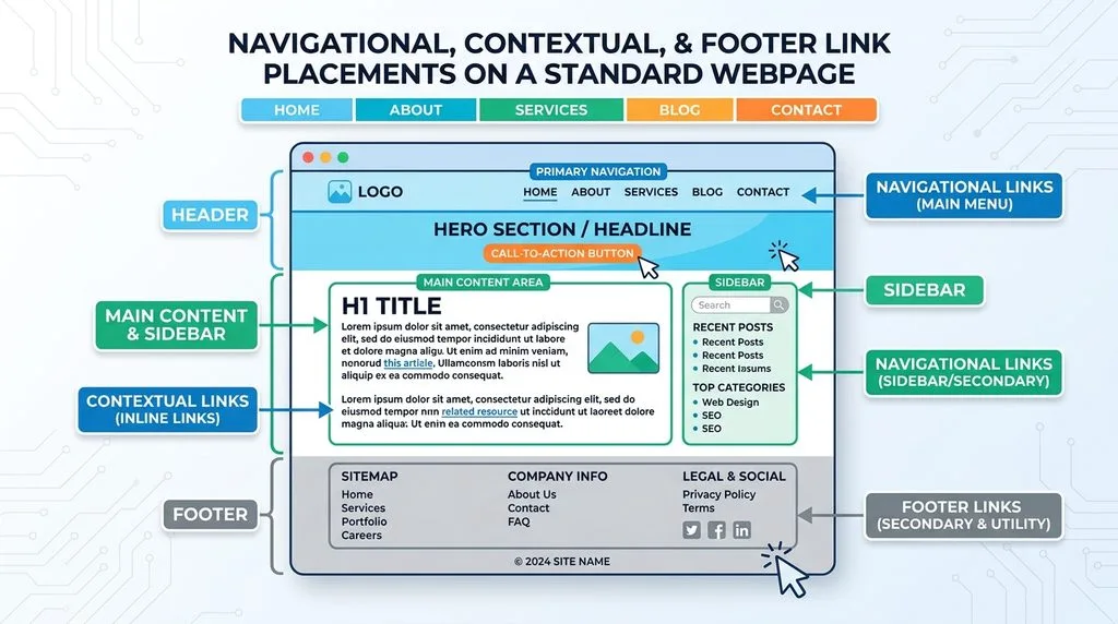 Diagram showing navigational, contextual, and footer link placements on a standard webpage.
