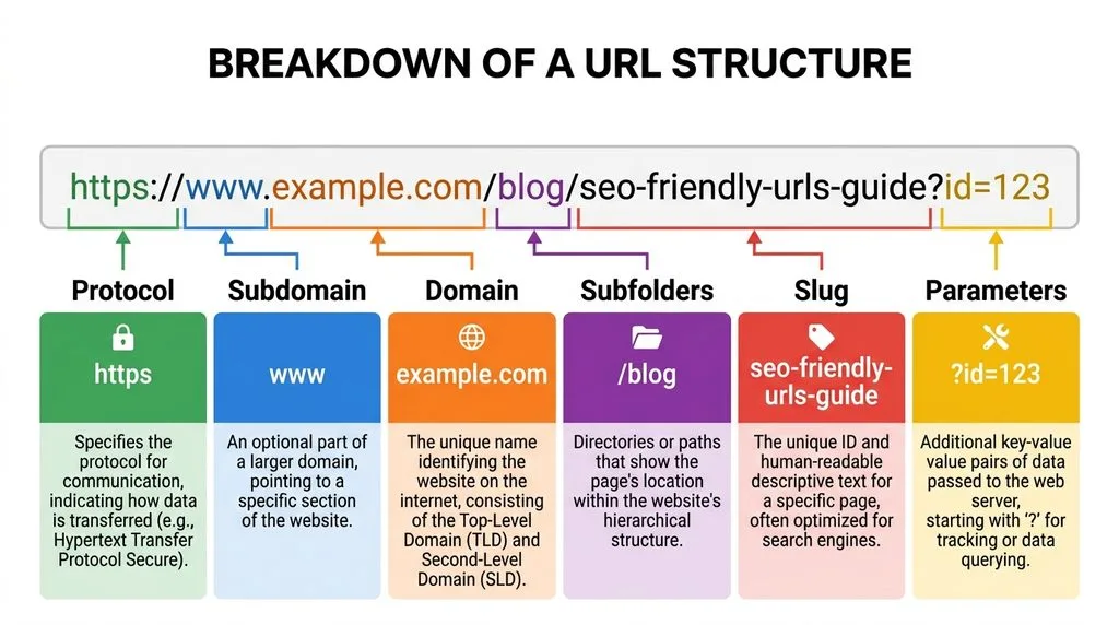 Diagram showing the six parts of a URL: protocol, subdomain, domain, subfolders, slug, parameters