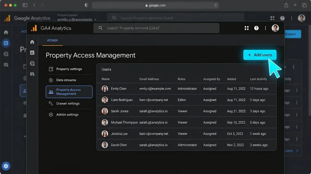 Screenshot mockup showing where to click Property Access Management in GA4.