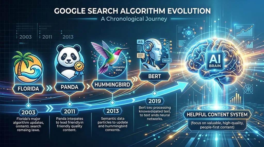 Timeline of Google algorithm updates targeting keyword stuffing, from Florida to BERT and AI systems.