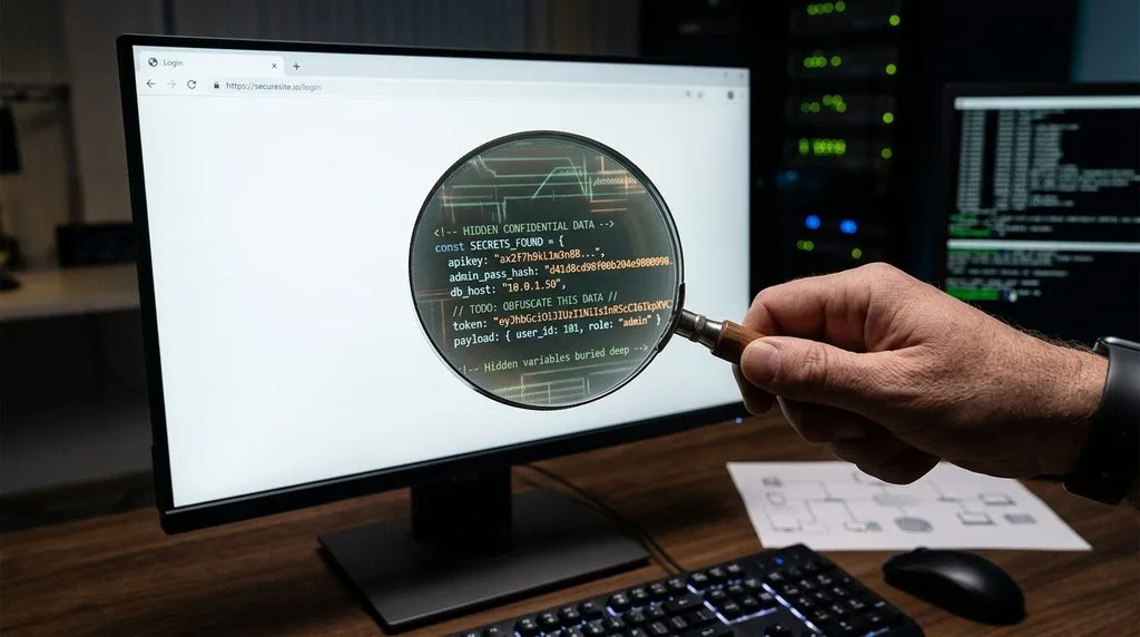 Magnifying glass revealing hidden text and invisible keyword stuffing within website code.