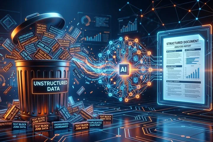 Illustration contrasting discarded keyword-stuffed text with clean, AI-optimized content structures.
