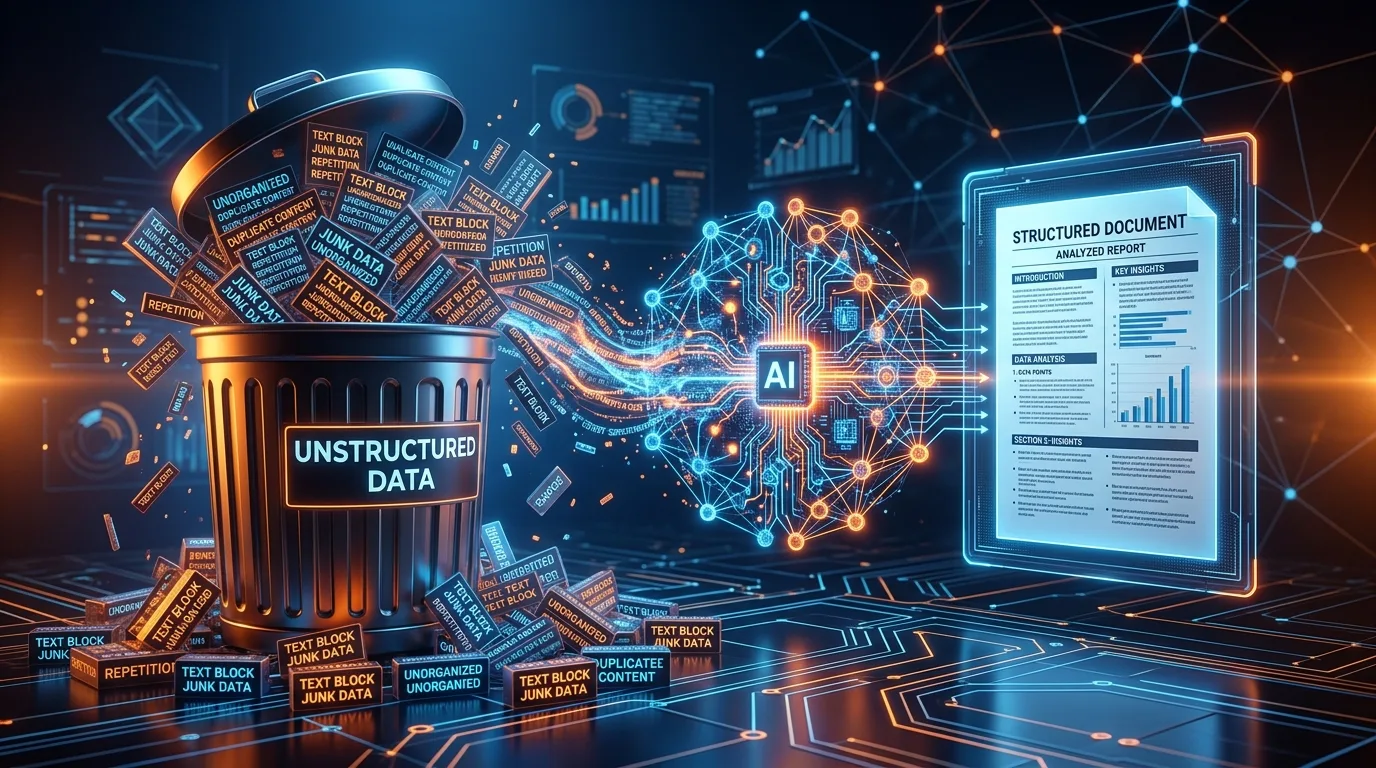 Illustration contrasting discarded keyword-stuffed text with clean, AI-optimized content structures.