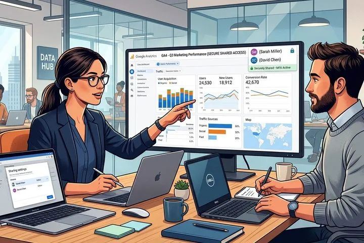 Illustration of two professionals sharing secure access to a Google Analytics data dashboard.
