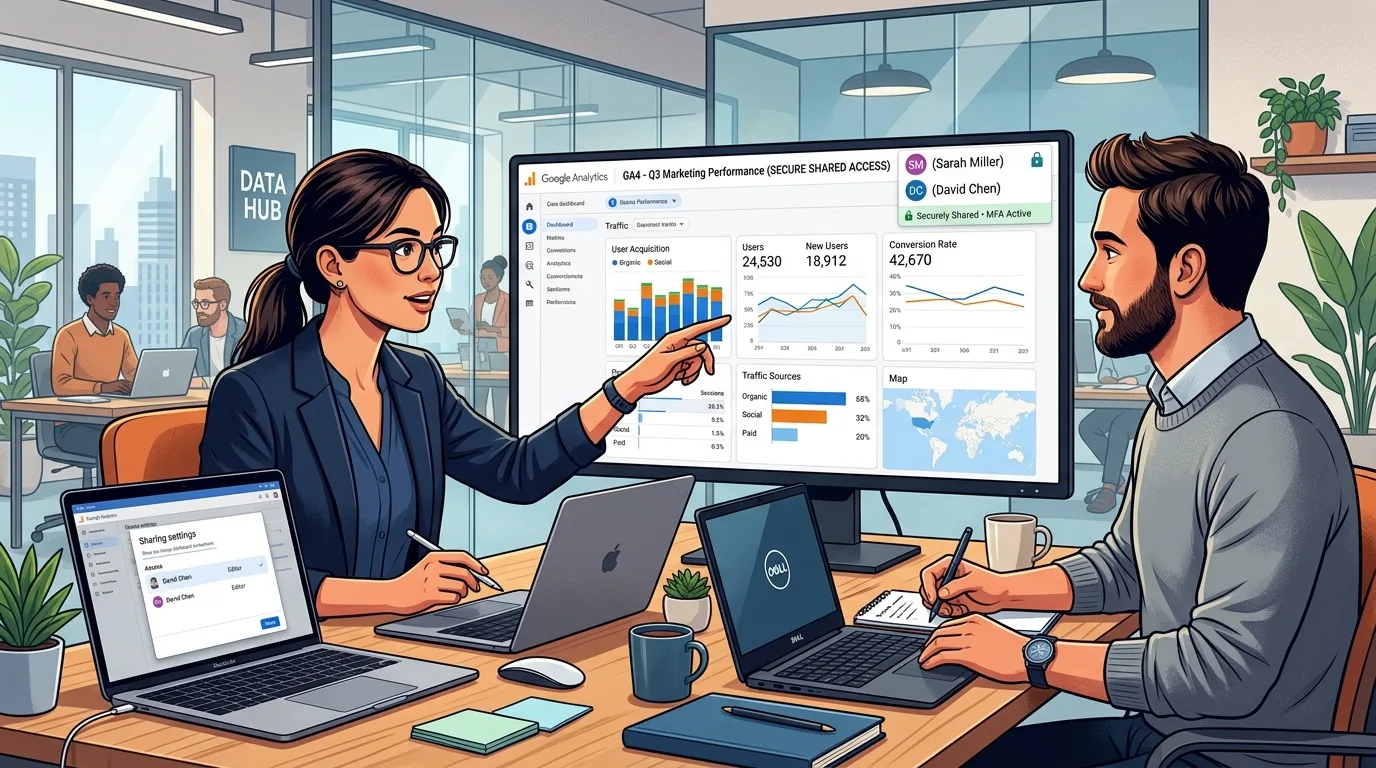 Illustration of two professionals sharing secure access to a Google Analytics data dashboard.