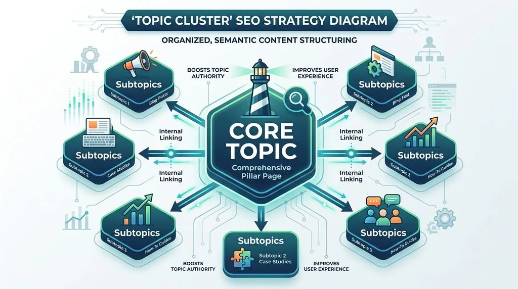 Diagram illustrating a topic cluster content strategy for modern SEO architecture.
